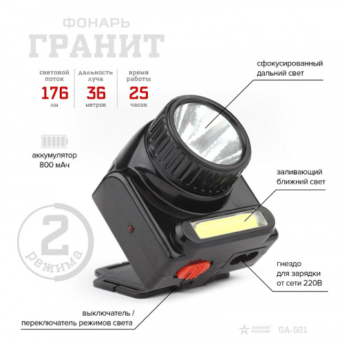 Фонарь Армия России GA-501 налобный Гранит 3Вт СОВ+3Вт LED 800mAh фото 4
