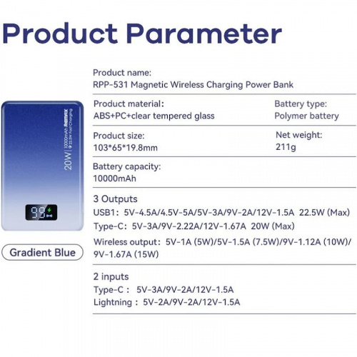 Внешний аккумулятор повербанк Power bank Remax RPP-531 10000mAh PD 20W + QC 22.5W с магнитом для magsafe синий фото 5