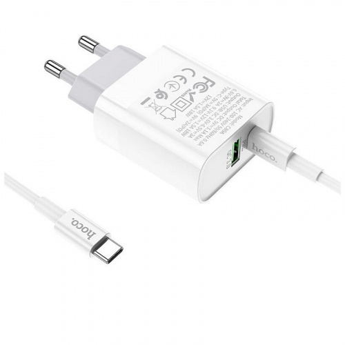 Сетевое зарядное устройство + кабель Type-C to Type-C HOCO C80A PD 20W+QC3.0 1м белый фото 3 Сетевое зарядное устройство + кабель Type-C to Type-C HOCO C80A PD 20W+QC3.0 1м белый фото 3