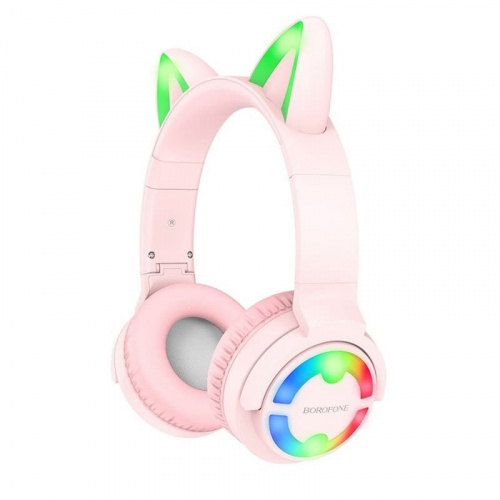Наушники беспроводные накладные Borofone BO15 Cat ear с ушками розовые