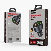Автомобильное зарядное устройство LDNIO C703Q Metal Ring 3USB QC 3.0 черный + кабель Type-C серый