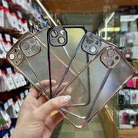 Чехол накладка для iphone 13 (6.1) силикон+пластик с защитой камеры прозрачная матовая с розовым бампером и имитацией страз вокруг камеры