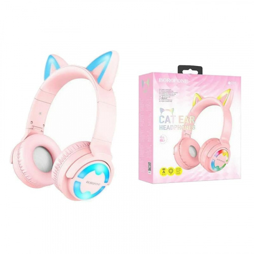 Наушники беспроводные накладные Borofone BO15 Cat ear с ушками розовые фото 2