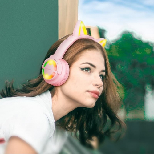 Наушники беспроводные накладные Borofone BO15 Cat ear с ушками розовые фото 3