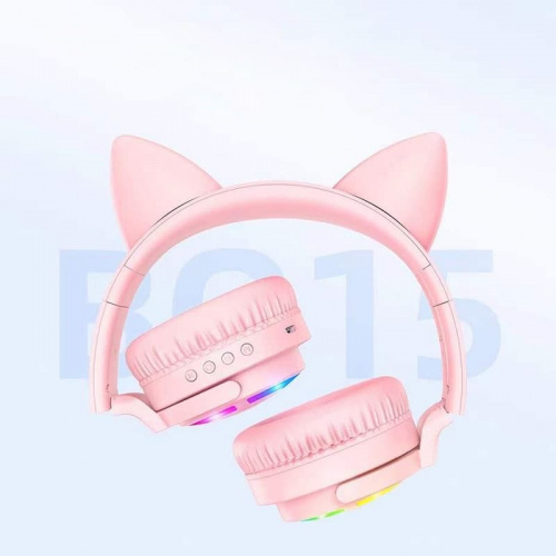 Наушники беспроводные накладные Borofone BO15 Cat ear с ушками розовые фото 4