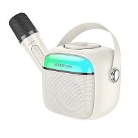 Колонка Borofone BP15 LED Mini Karaoke BT Блютуз с микрофоном караоке молочно-белая 1500mAh